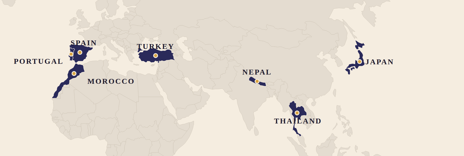 Route map: Portugal, Spain, Morocco, Turkey, Nepal, Thailand and Japan
